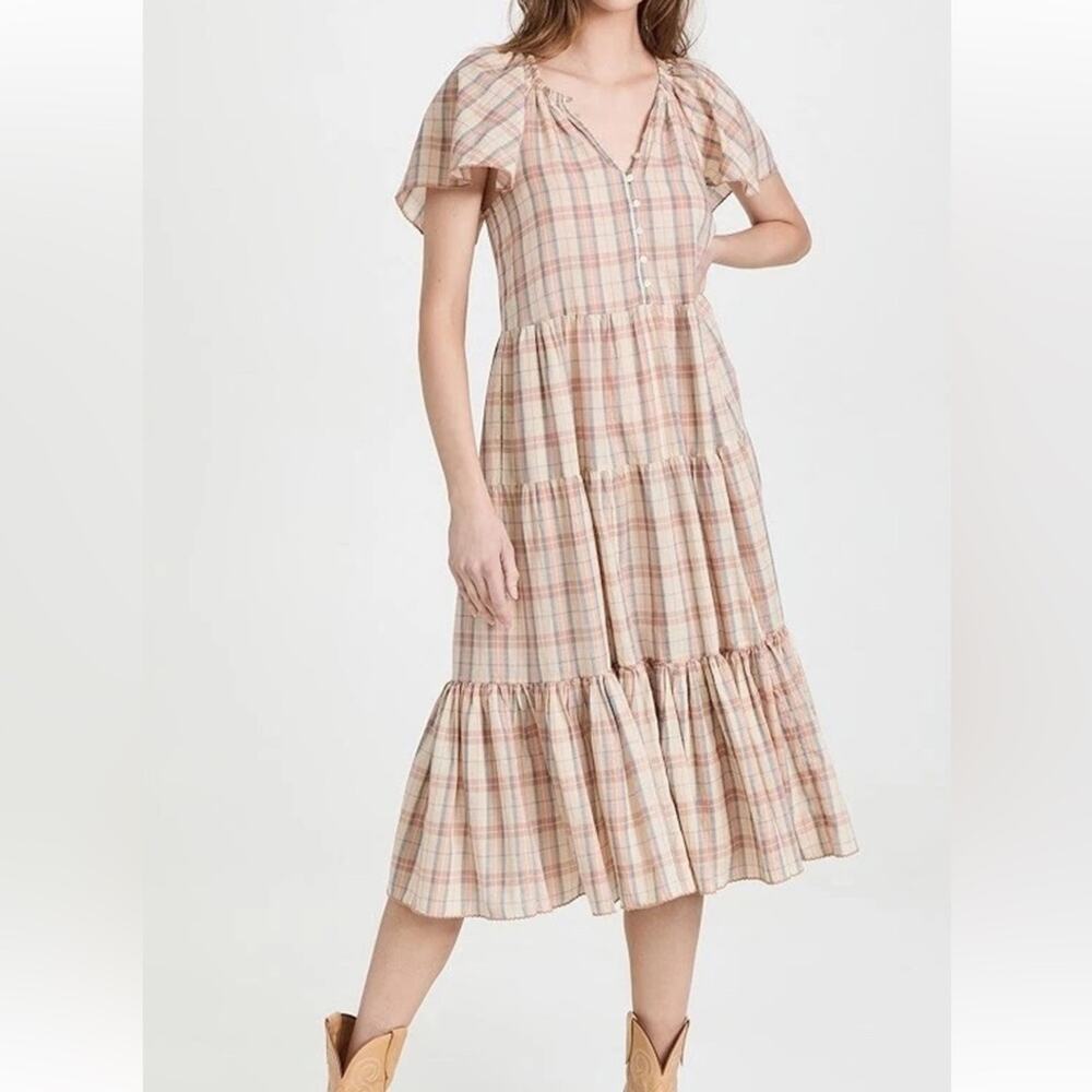 THE GREAT. Iris Plaid Flutter Sleeve Tiered Midi Dress Washed Rose Sz XS